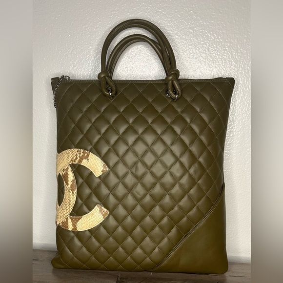 AUTHENTIC CHANEL CAMBON LIGNE TOTE BAG OLIVE GREEN - Picture 1 of 6